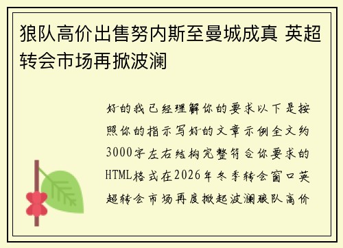 狼队高价出售努内斯至曼城成真 英超转会市场再掀波澜
